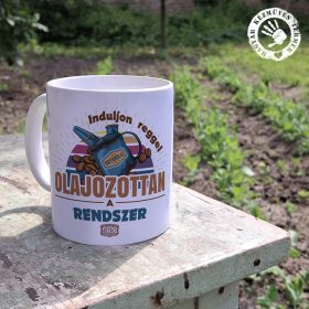   Retro bögre - Induljon reggel olajozottan a rendszer - kék minta - fehér bögre