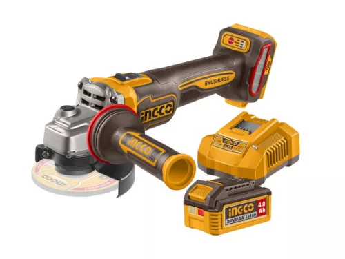INGCO Akkus sarokcsiszoló 125 mm szénkefe nélküli 20 V (1 x 4,0 Ah akku + töltő) CAGLI2120273E