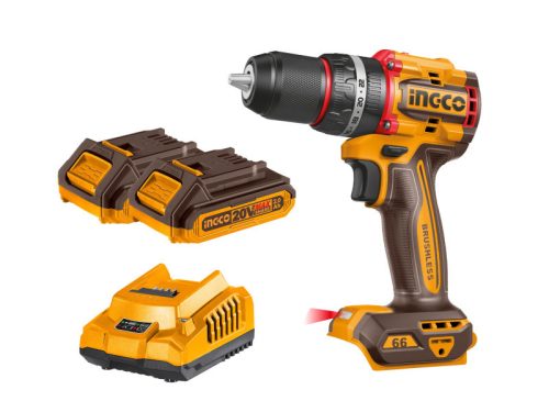 INGCO Akkus ütvefúró-csavarozó 66 Nm szénkefe nélküli 20 V (2 x 2,0 Ah akku + töltő)
