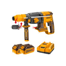  INGCO Akkus kombikalapács 2,5 J SDS-Plus szénkefe nélküli 20 V (2 x 4,0 Ah akku + töltő) cserélhető gyorstokmánnyal a hengeres szárú fúrók használatához