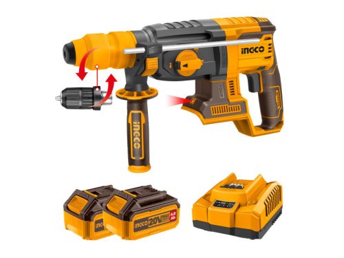 INGCO Akkus kombikalapács 2,5 J SDS-Plus szénkefe nélküli 20 V (2 x 4,0 Ah akku + töltő) cserélhető gyorstokmánnyal a hengeres szárú fúrók használatához