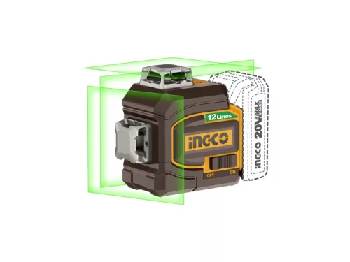 INGCO Akkus 3D szintező lézer 0-35 m zöld lézerrel, távirányítóval 20 V (akku és töltő nélkül) HLL3012165E