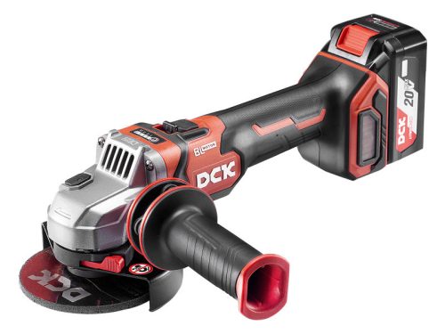 DCK Akkus sarokcsiszoló 125 mm szénkefe nélküli 20 V (2 x 5,0 Ah akku + töltő)