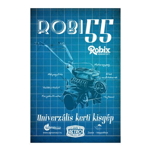 Retro fémtábla - Robi 55 - univerzális kerti kisgép - antik kék - A4 - 20x30 cm - PREMIUM