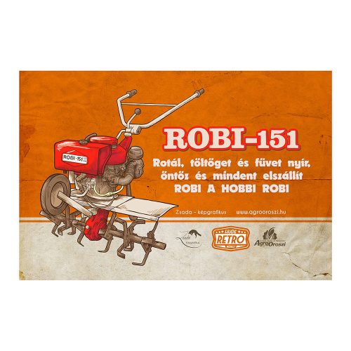 Retro fémtábla - Robi 151 - rotál töltöget és füvet nyír - narancs - A4 - 20x30 cm - PREMIUM