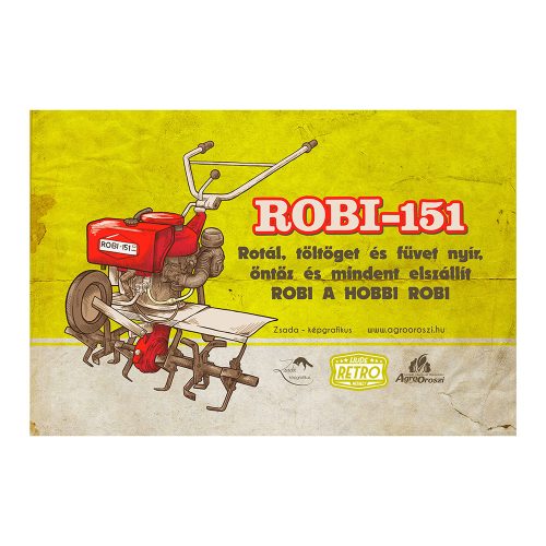 Retro fémtábla - Robi 151 - rotál töltöget és füvet nyír - sárga - A4 - 20x30 cm  