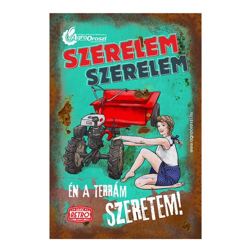 Retro fémtábla - Szerelem-szerelem, Én a terrám szeretem - türkiz - A4 -20x30 cm