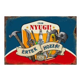   Retro fémtábla - Csak nyugi, értek hozzá - kék-piros - A4 - 20x30 cm
