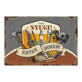   Retro fémtábla - Csak nyugi, értek hozzá - szürke-barna - A4 - 20x30 cm