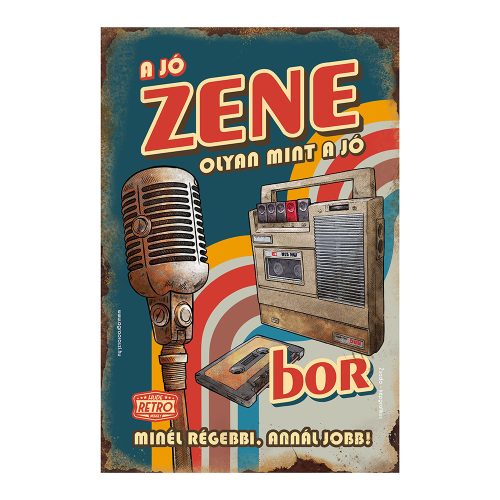 Retro fémtábla - A jó zene olyan mint a jó bor - A4 - kék-  20x30 cm - PREMIUM