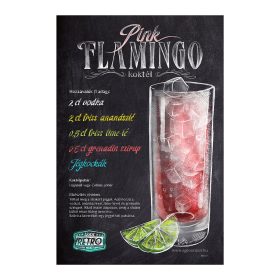   Retro fémtábla - Pink Flamingo koktél - krétastílus - A4 - 20x30 cm 