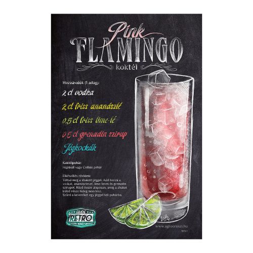 Retro fémtábla - Pink Flamingo koktél - krétastílus - A4 - 20x30 cm - PREMIUM