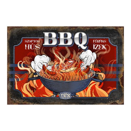 Retro fémtábla - BBQ szaftos hús - férfias ízek - A4 - 20x30 cm - PREMIUM