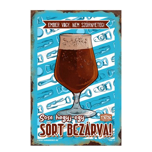 Retro fémtábla - Ember vagy, nem szörnyeteg! Sose hagyj egy sört bezárva! - kék - A4 - 20x30 cm -  PREMIUM