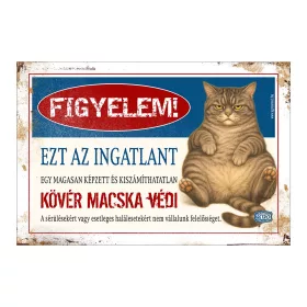 Retro fémtábla - Figyelem! Ezt az ingatlant egy magasan képzett macska - szürke cirmos - A4 - 20x30 cm T099-4-A4