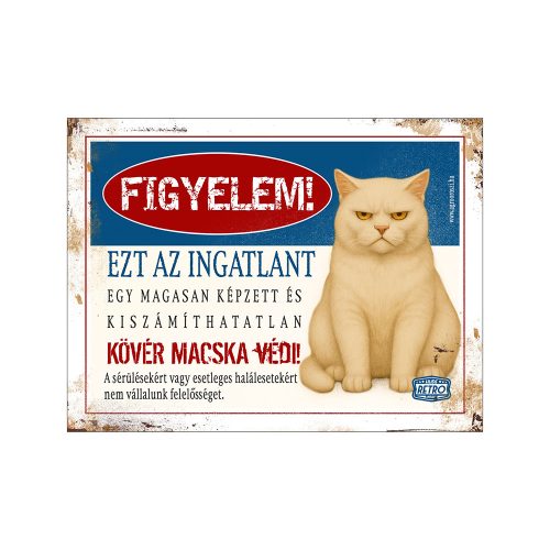 Retro fémtábla - Figyelem! Ezt az ingatlant egy magasan képzett macska - fehér - A5 - 15x20 cm