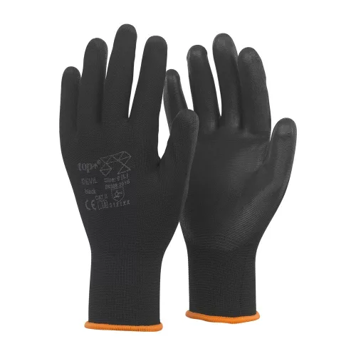 Védőkesztyű PU mártott nylon gumirozott mandzsetta TOP DEVIL+, fekete, L TOP_DEVIL_PLUS-L